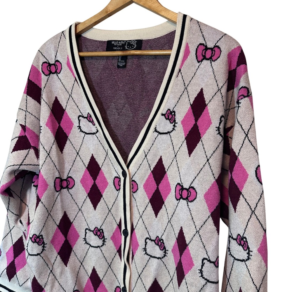 Hello Kitty x Forever 21 Argyle Cardigan Sweater Pink White Large Sanrio Y2K